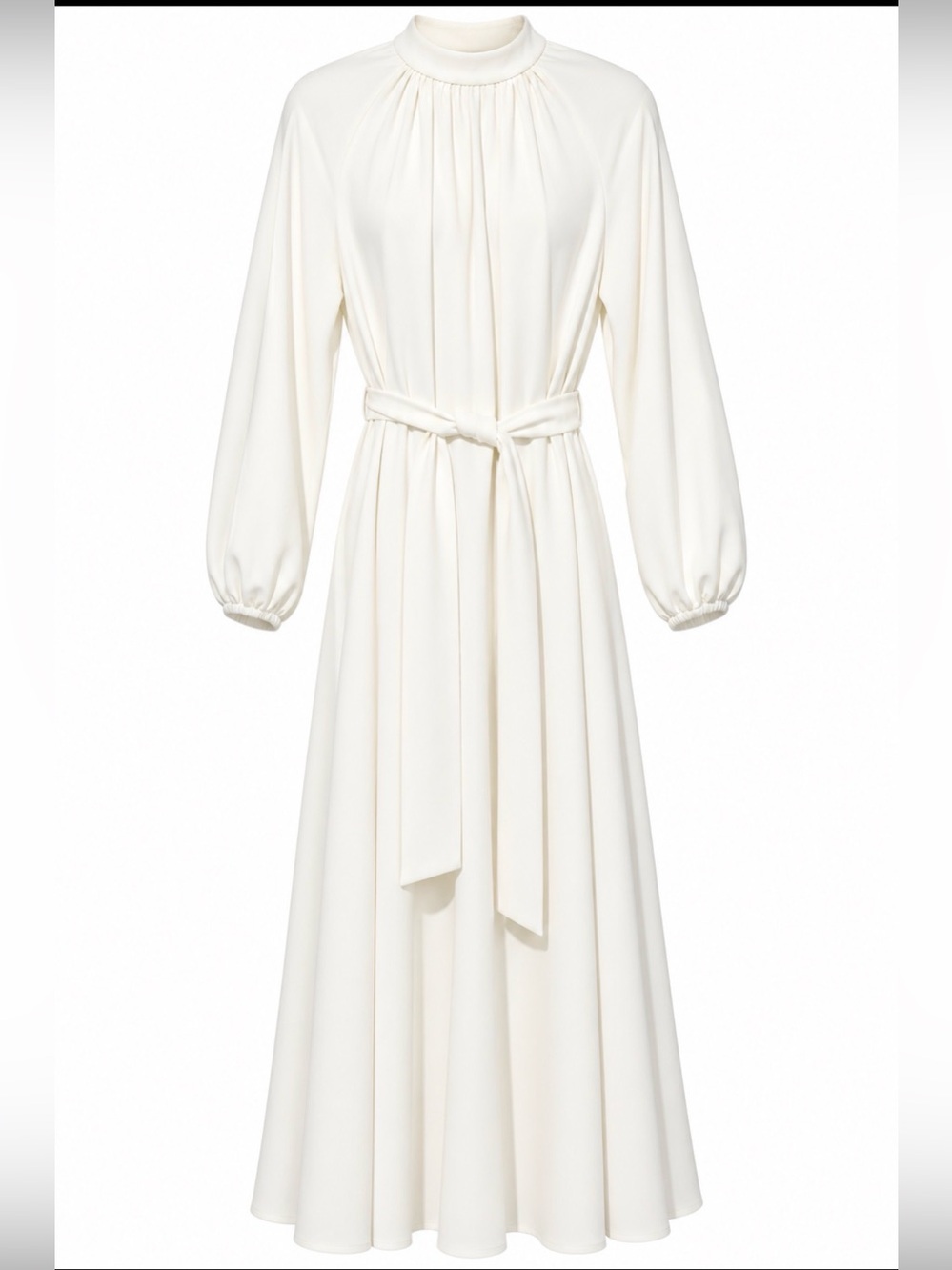 Women’s Cream Long Sleeve Belted Midi Dress